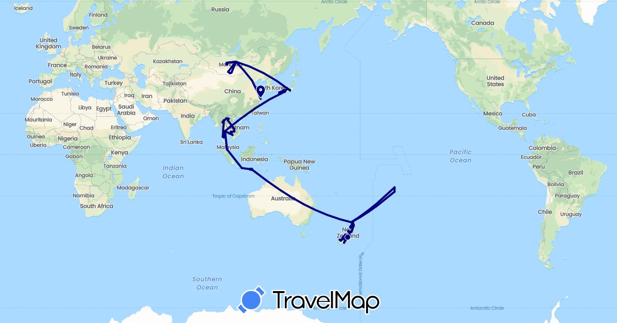 TravelMap itinerary: driving in Cook Islands, China, Indonesia, Japan, Cambodia, Laos, Mongolia, Malaysia, New Zealand, Thailand (Asia, Oceania)